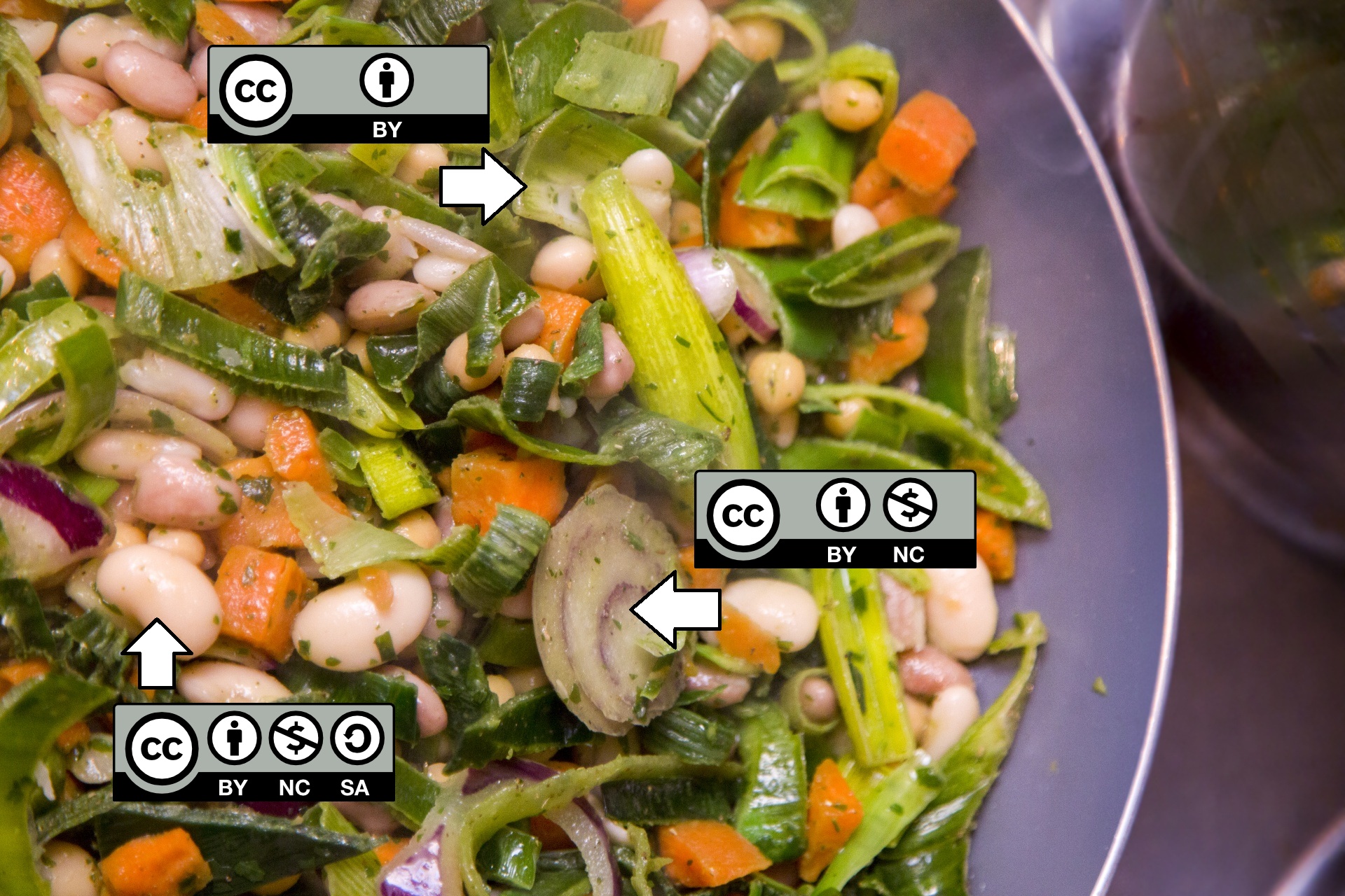 Stir-fry Remix. A photo of a stir-fry with all ingredients mixed together and each ingredient labeled with a different license type